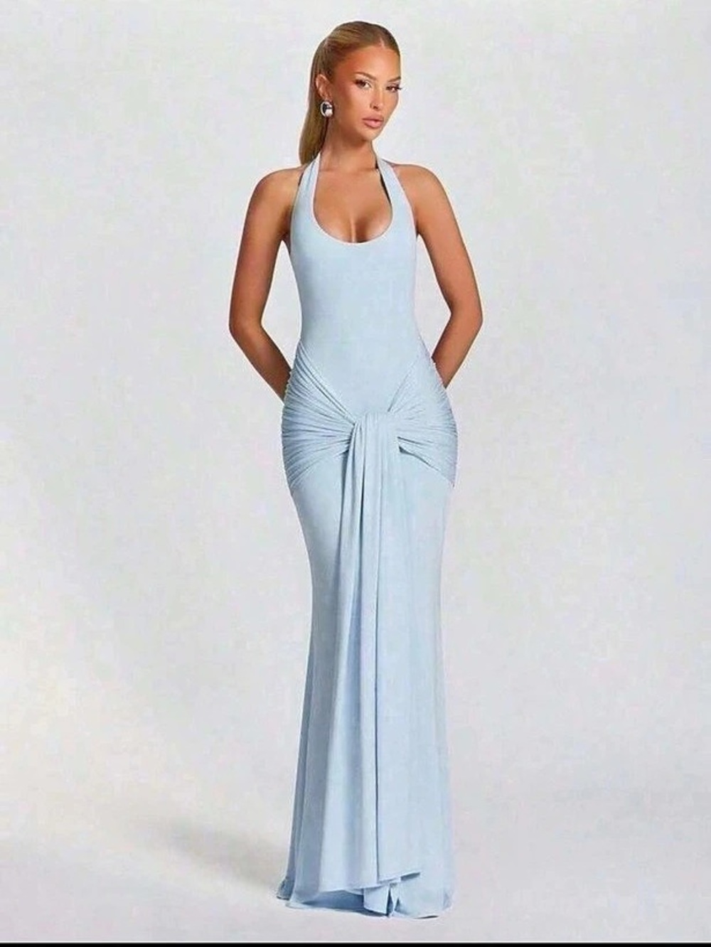 Sovanna Ruched Halter Maxi Dress in Blue Size Small NWT